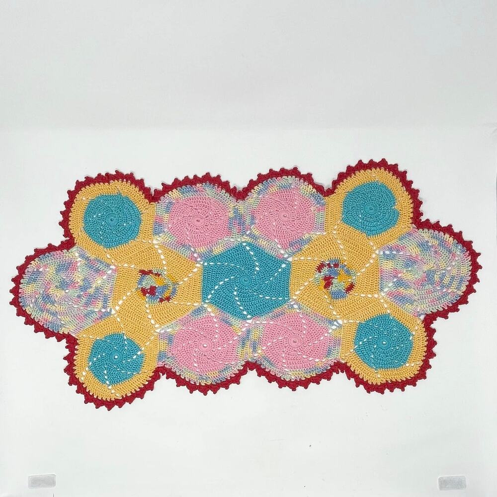 VTG‎ Doily Handmade Large Table Runner Blue Pink Yellow Retro MCM Cottagecore